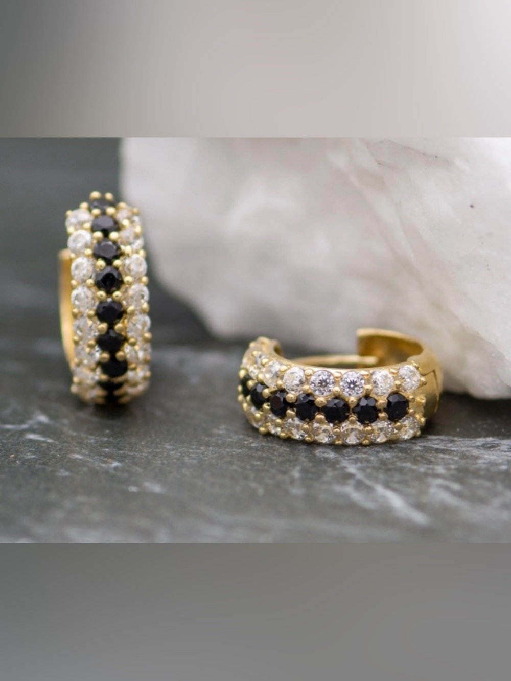 14k Gold Plated Huggie Earrings with Black & White Triple A CZ Stones